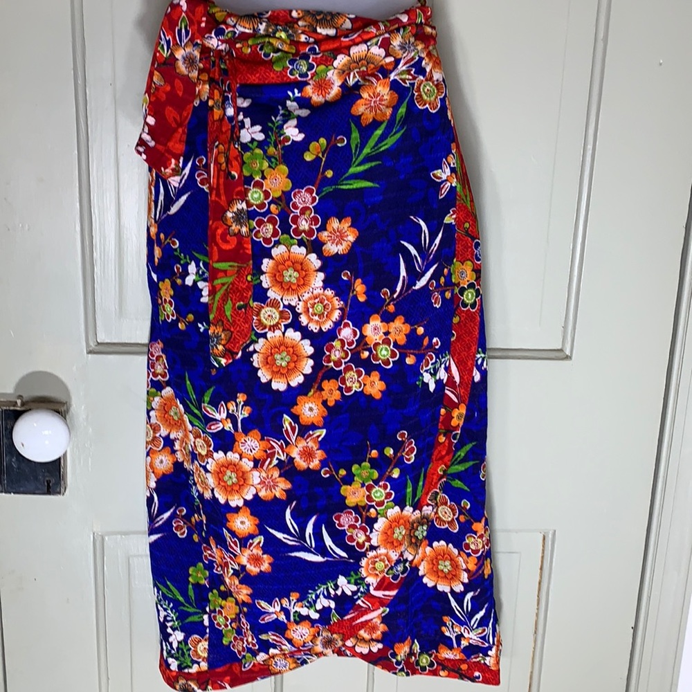 BECCA Blue Floral Wrap Swim Sarong with Orange Accents